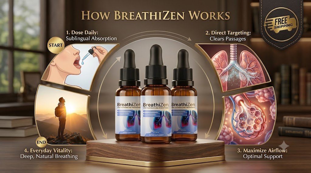 How BreathiZen works: the brand four-step graphic with three bottles