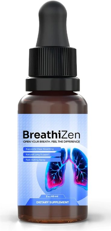 A bottle of BreathiZen clear breathing support drops