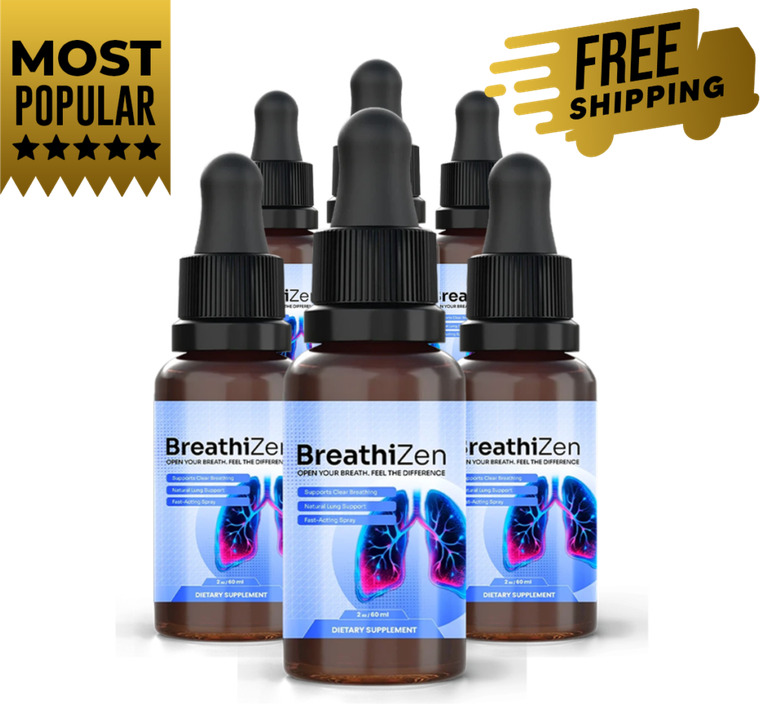 Six bottles of BreathiZen drops with the brand Free Shipping and Most Popular tags